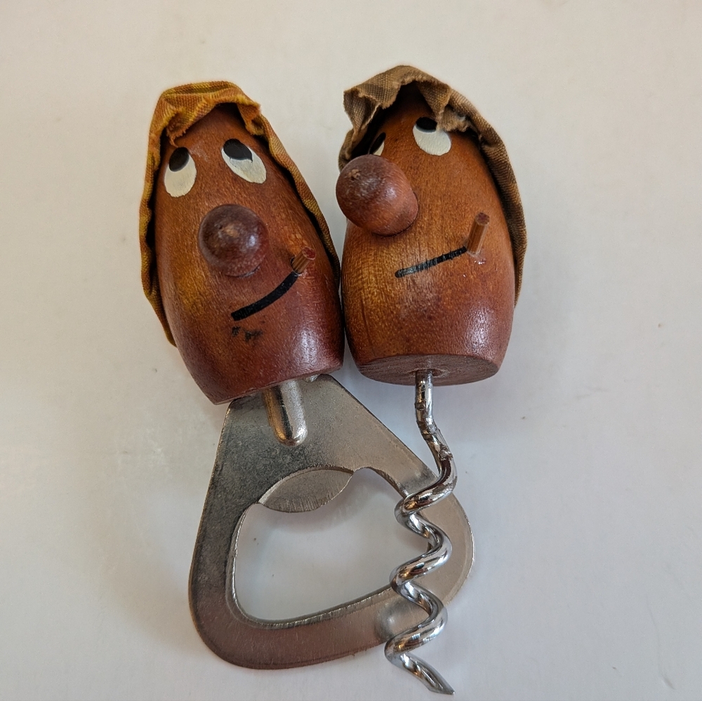 Vintage Teak Kitschy Bar tool set Corkscrew Bottle Opener decor Barman Novelty